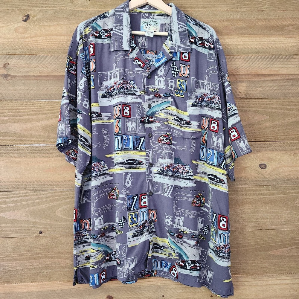 Big Dogs Button Up Shirt Grey Race Car Speedway Graphic Print Mens XL
